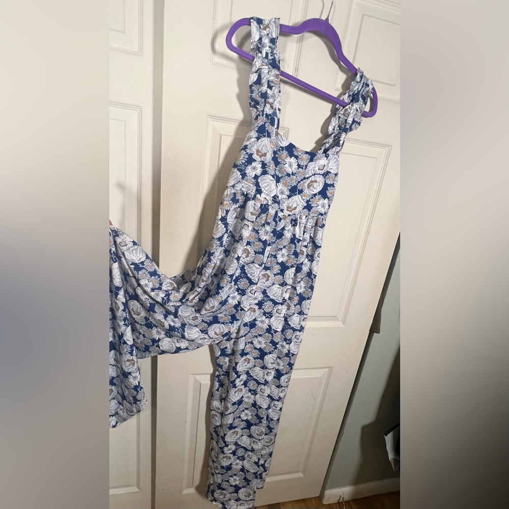 KORI NWT Blue Floral Wide Leg Jumpsuit Ruffle Strap Tie Front Boho medium - Picture 10 of 10